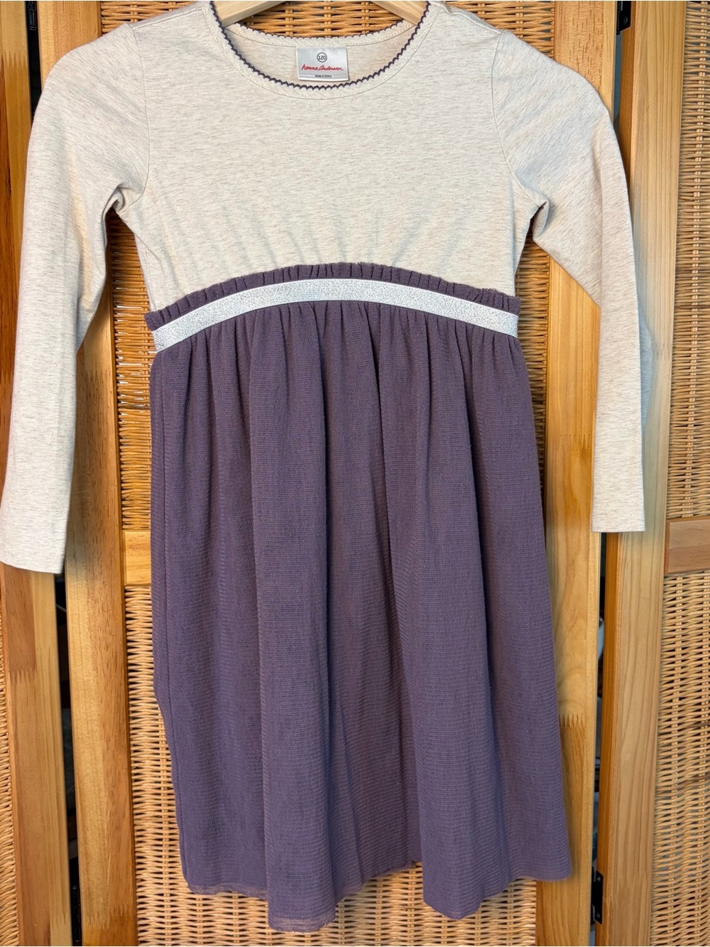 Hanna Andersson Long Sleeve Knit Dress - Oatmeal & Purple soft tulle sz 120/6-7